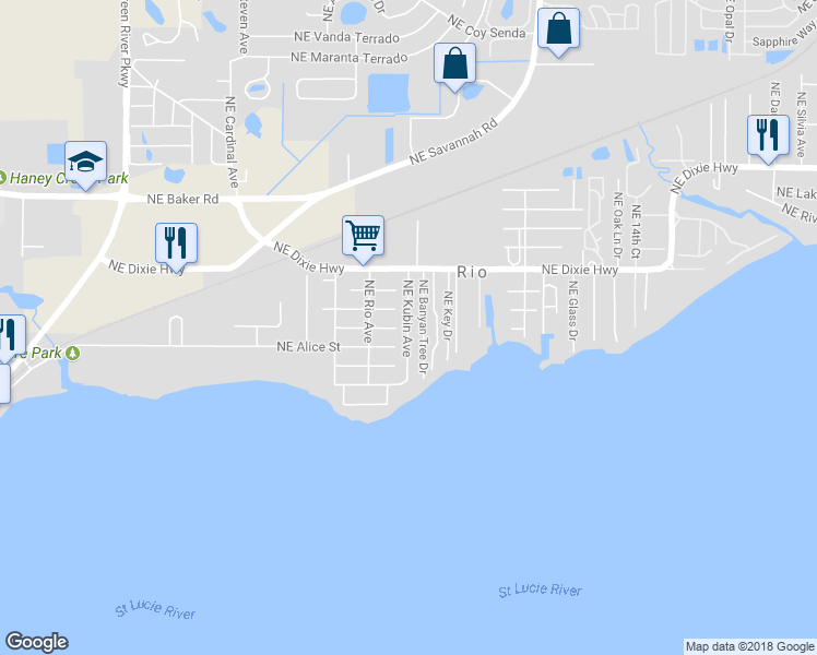 map of restaurants, bars, coffee shops, grocery stores, and more near 1030 Northeast Kubin Avenue in Jensen Beach