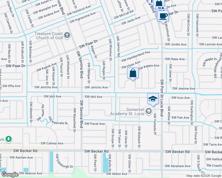 map of restaurants, bars, coffee shops, grocery stores, and more near 1002 Southwest Jericho Avenue in Port St. Lucie