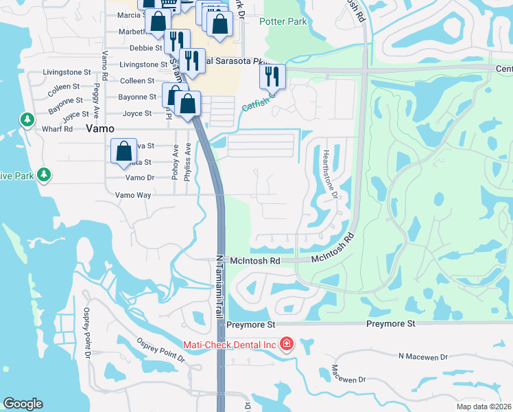 map of restaurants, bars, coffee shops, grocery stores, and more near 9016 Willow Brook Drive in Sarasota