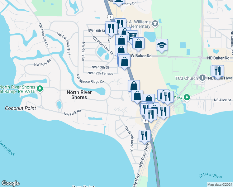 map of restaurants, bars, coffee shops, grocery stores, and more near 933 Northwest Spruce Ridge Drive in Stuart