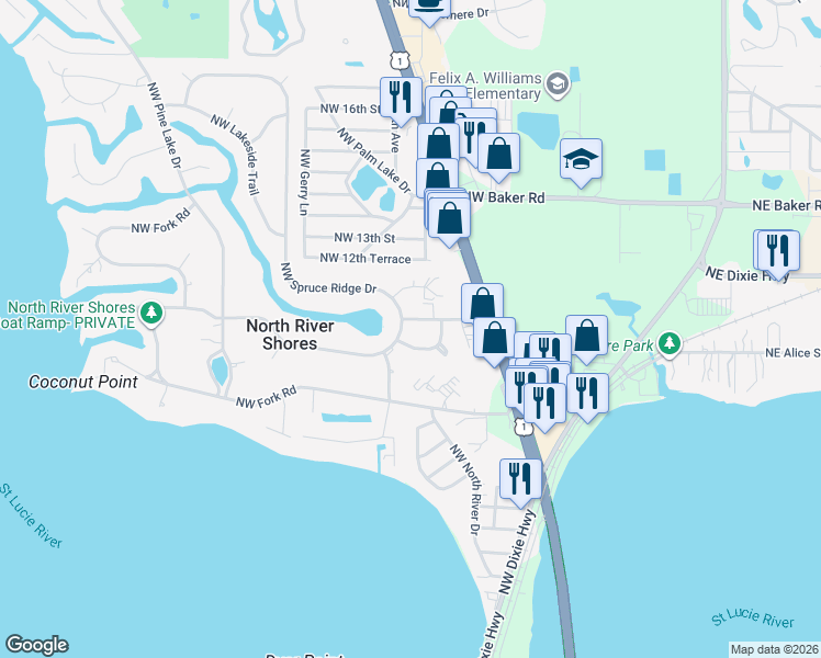 map of restaurants, bars, coffee shops, grocery stores, and more near 933 Northwest Spruce Ridge Drive in Stuart
