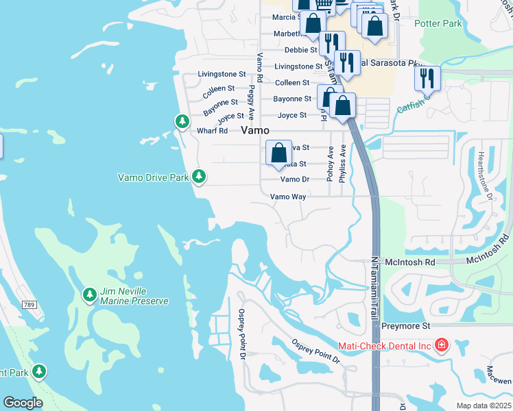 map of restaurants, bars, coffee shops, grocery stores, and more near 409 North Point Road in Osprey