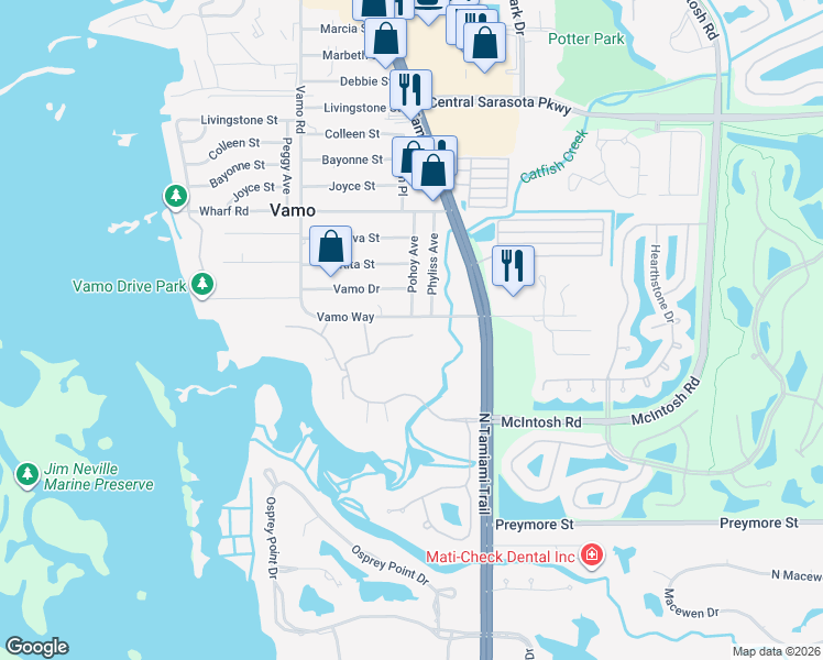 map of restaurants, bars, coffee shops, grocery stores, and more near 105 Turquoise Lane in Osprey