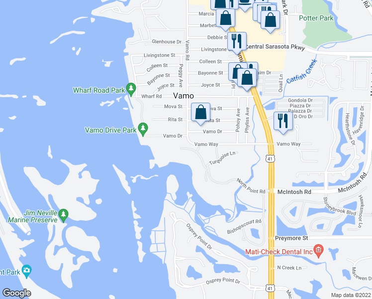 map of restaurants, bars, coffee shops, grocery stores, and more near 3615 North Point Road in Osprey