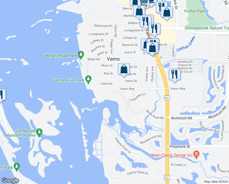 map of restaurants, bars, coffee shops, grocery stores, and more near 3615 North Point Road in Osprey