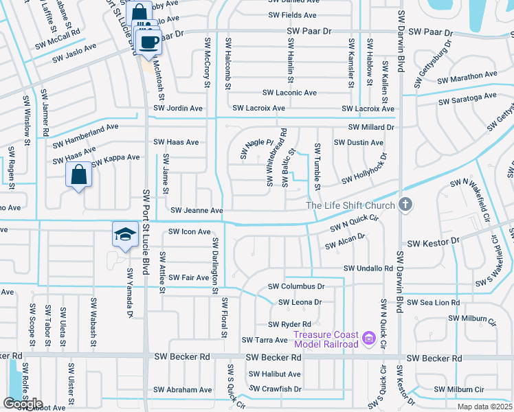 map of restaurants, bars, coffee shops, grocery stores, and more near 547 Southwest Jeanne Avenue in Port St. Lucie