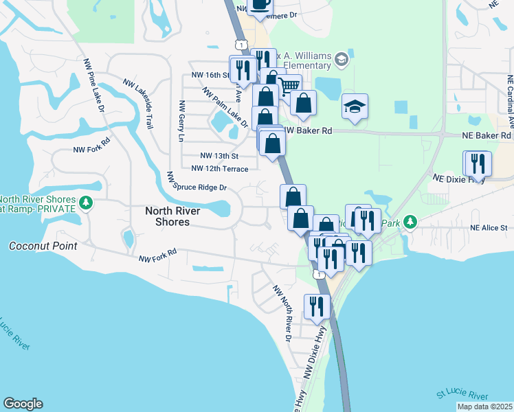 map of restaurants, bars, coffee shops, grocery stores, and more near 933 Northwest Spruce Ridge Drive in Stuart