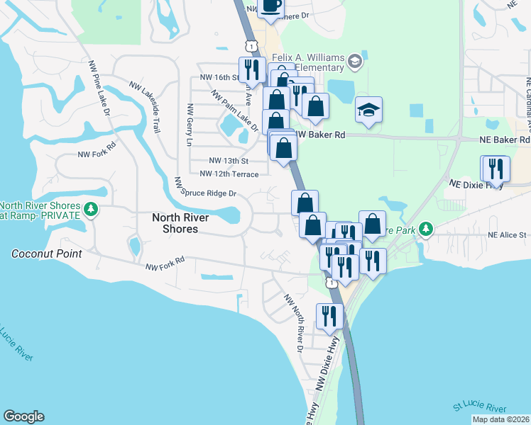 map of restaurants, bars, coffee shops, grocery stores, and more near 933 Northwest Spruce Ridge Drive in Stuart