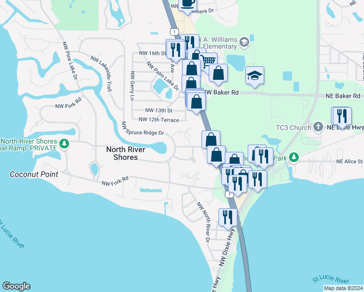 map of restaurants, bars, coffee shops, grocery stores, and more near 933 Northwest Spruce Ridge Drive in Stuart