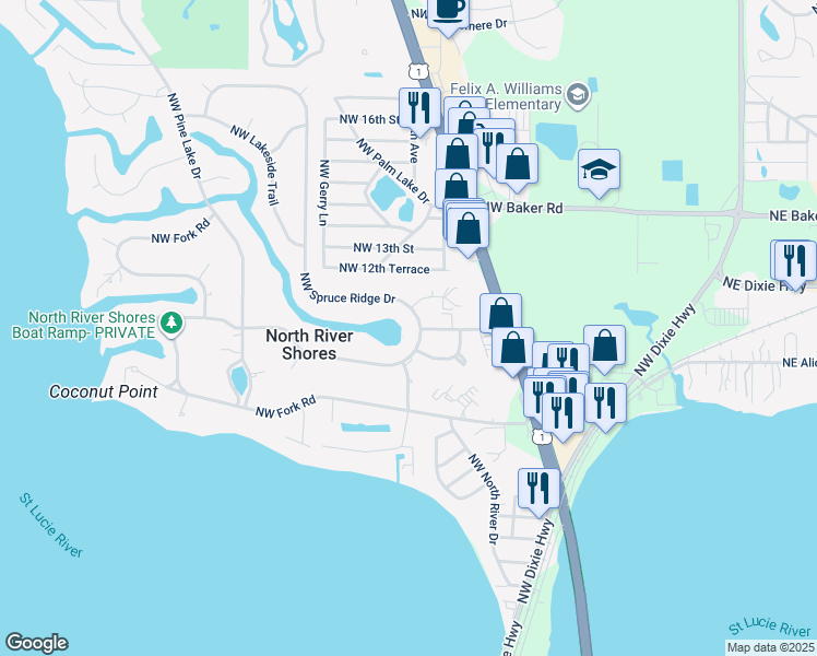 map of restaurants, bars, coffee shops, grocery stores, and more near 884 Northwest Spruce Ridge Drive in Stuart