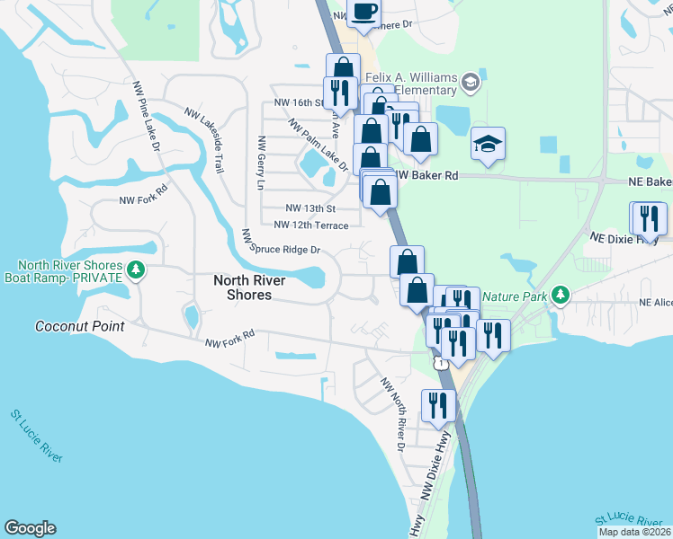 map of restaurants, bars, coffee shops, grocery stores, and more near 910 Northwest 11th Terrace in Stuart