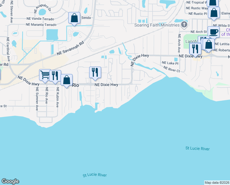 map of restaurants, bars, coffee shops, grocery stores, and more near 1143 Northeast Orange Avenue in Jensen Beach