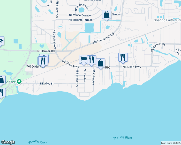 map of restaurants, bars, coffee shops, grocery stores, and more near 751 Northeast Stuart Street in Jensen Beach