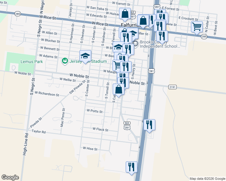 map of restaurants, bars, coffee shops, grocery stores, and more near 920 South Caldwell Street in Falfurrias