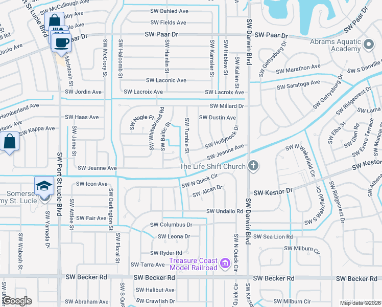 map of restaurants, bars, coffee shops, grocery stores, and more near 398 Southwest Hollyhock Drive in Port St. Lucie