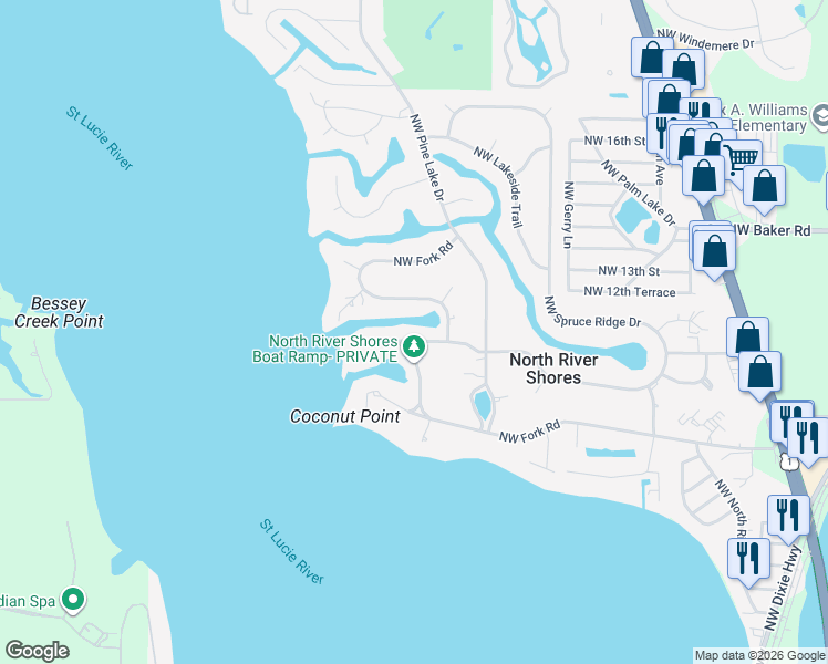 map of restaurants, bars, coffee shops, grocery stores, and more near 1706 Northwest Fork Road in Stuart