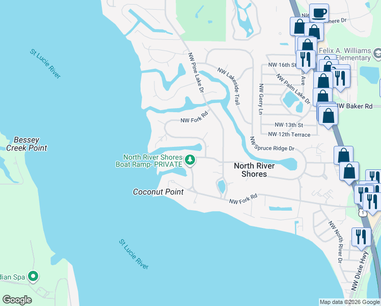 map of restaurants, bars, coffee shops, grocery stores, and more near 1706 Northwest Fork Road in Stuart