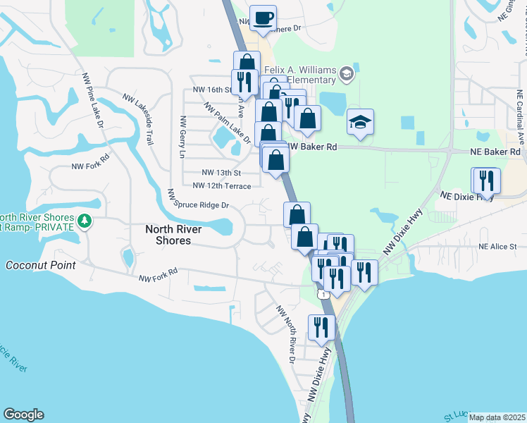 map of restaurants, bars, coffee shops, grocery stores, and more near 830 Northwest 11th Terrace in Stuart