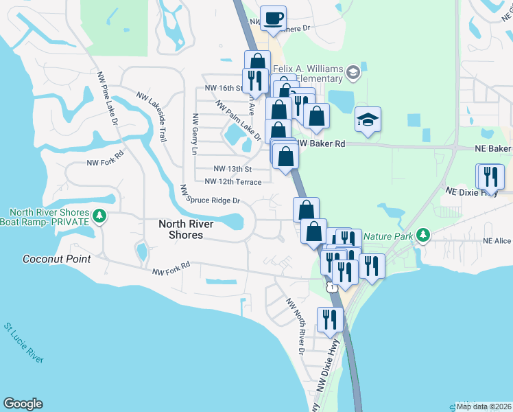 map of restaurants, bars, coffee shops, grocery stores, and more near 910 Northwest 11th Terrace in Stuart