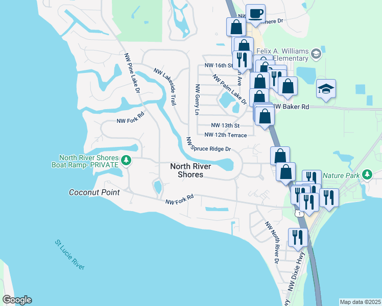 map of restaurants, bars, coffee shops, grocery stores, and more near 1164 Northwest Spruce Ridge Drive in Stuart