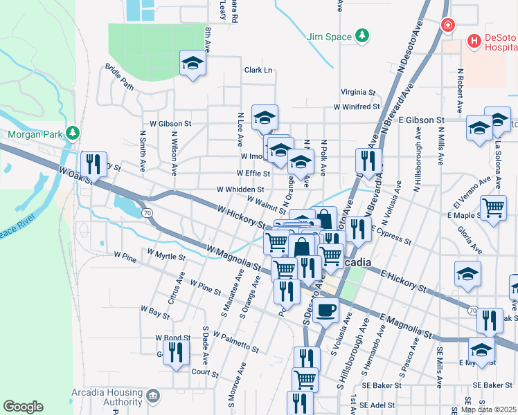 map of restaurants, bars, coffee shops, grocery stores, and more near 123 North Manatee Avenue in Arcadia