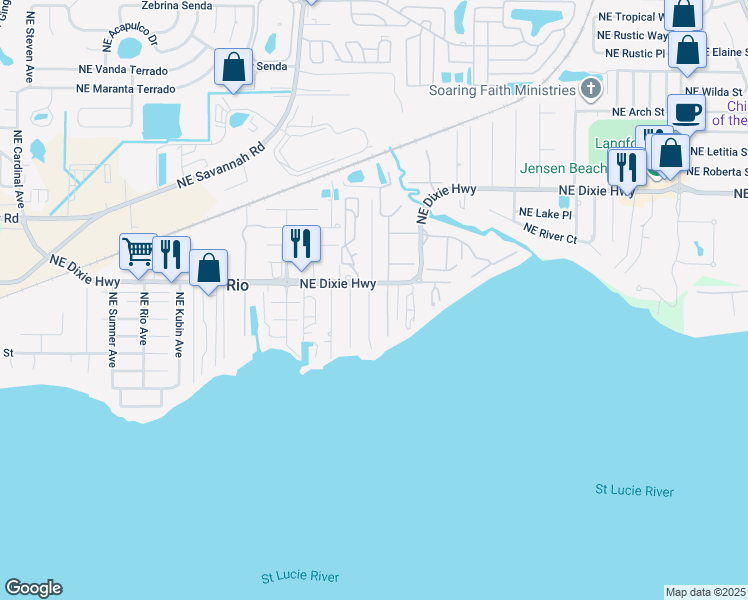 map of restaurants, bars, coffee shops, grocery stores, and more near 1143 Northeast Orange Avenue in Jensen Beach