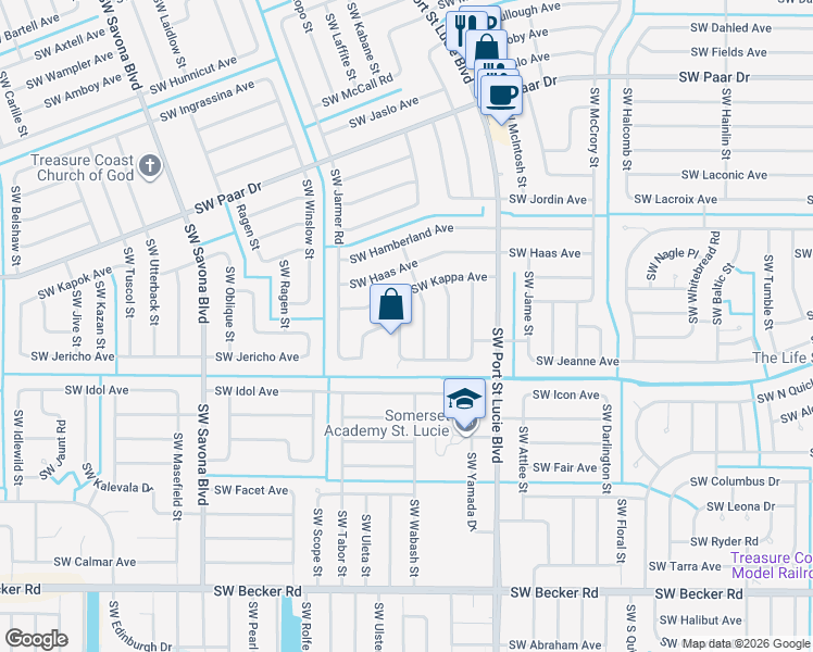 map of restaurants, bars, coffee shops, grocery stores, and more near 4249 Southwest Walker Street in Port St. Lucie