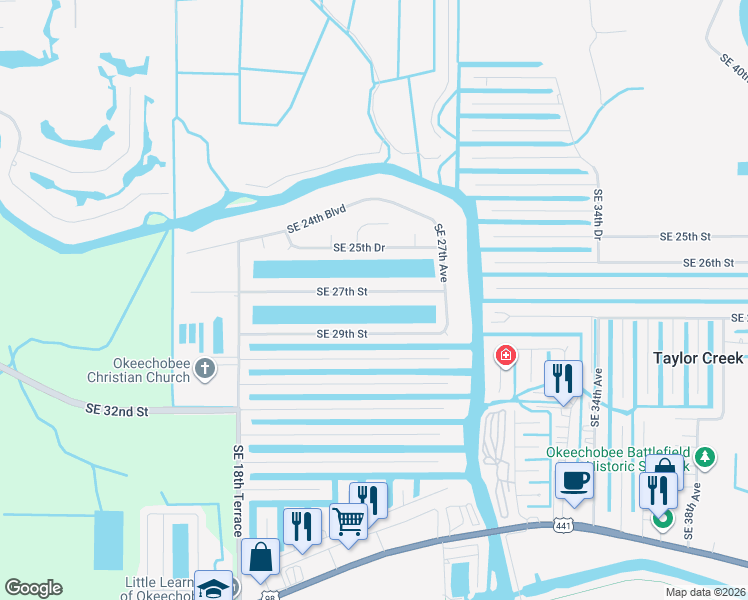 map of restaurants, bars, coffee shops, grocery stores, and more near 2448 Southeast 27th Street in Okeechobee