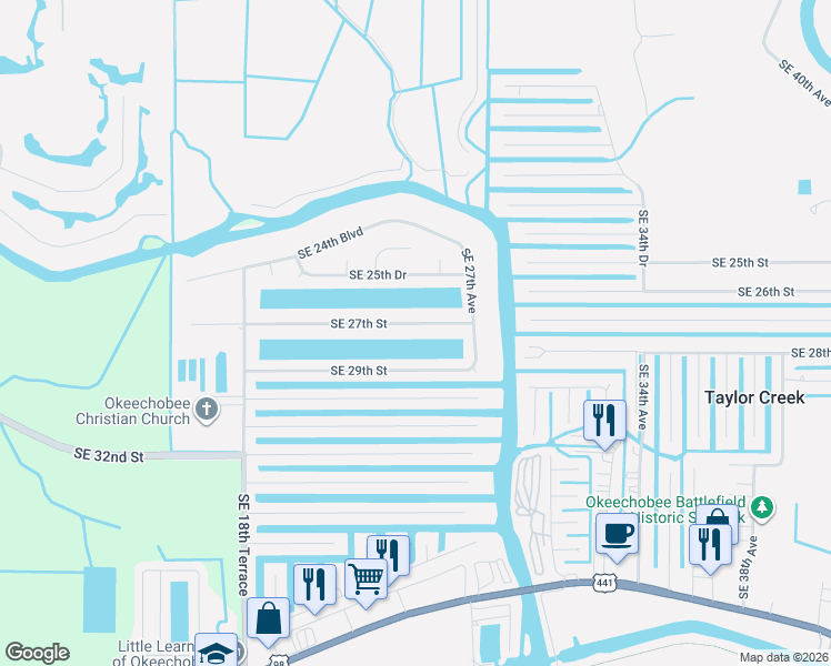 map of restaurants, bars, coffee shops, grocery stores, and more near 2588 Southeast 27th Street in Okeechobee