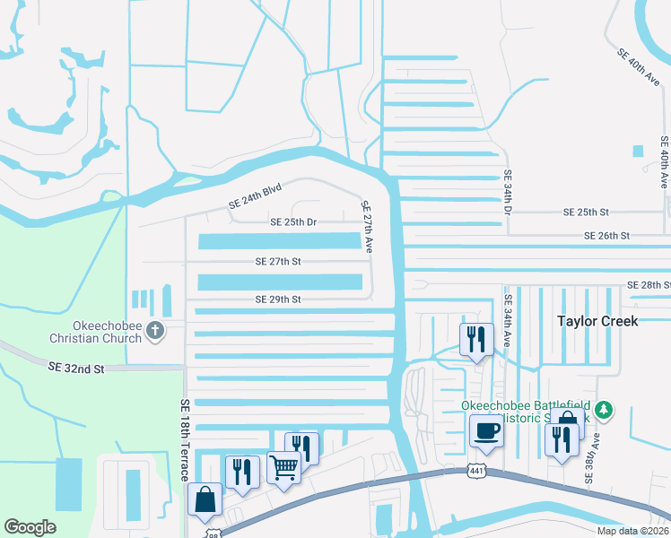 map of restaurants, bars, coffee shops, grocery stores, and more near 2588 Southeast 27th Street in Okeechobee