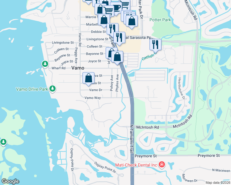map of restaurants, bars, coffee shops, grocery stores, and more near 8954 Phyliss Avenue in Sarasota