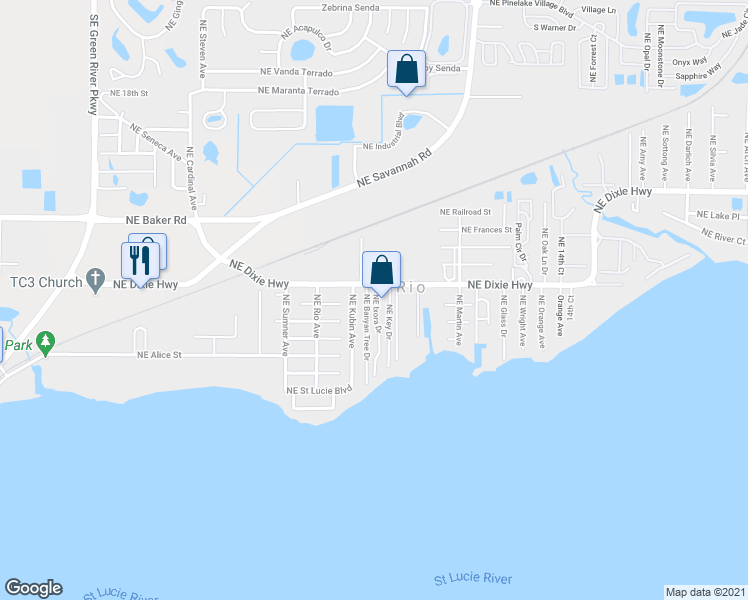 map of restaurants, bars, coffee shops, grocery stores, and more near 1138 Northeast Ixora Drive in Jensen Beach