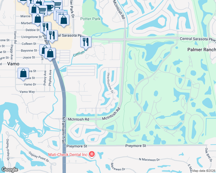 map of restaurants, bars, coffee shops, grocery stores, and more near 4233 Hearthstone Drive in Sarasota