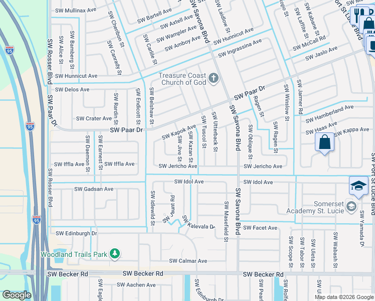map of restaurants, bars, coffee shops, grocery stores, and more near 4250 Southwest Kazan Street in Port St. Lucie