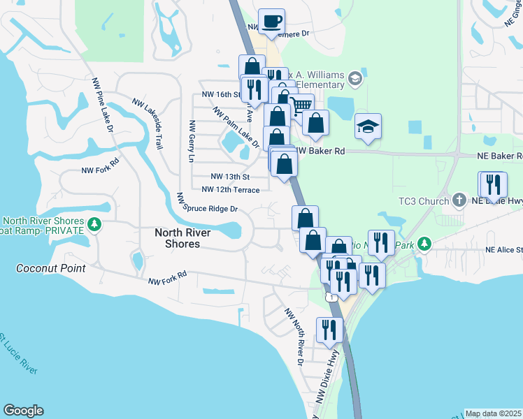 map of restaurants, bars, coffee shops, grocery stores, and more near 859 Northwest 11th Terrace in Stuart
