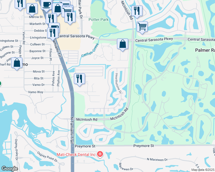 map of restaurants, bars, coffee shops, grocery stores, and more near 8960 Huntington Pointe Drive in Sarasota