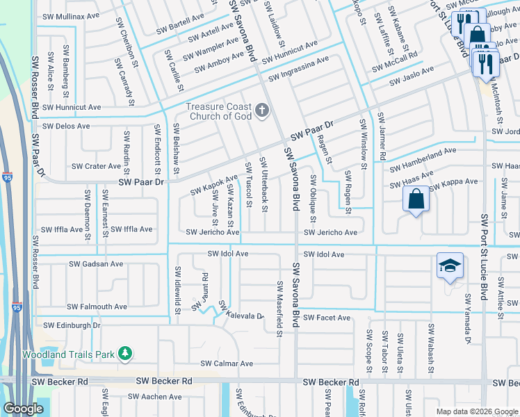 map of restaurants, bars, coffee shops, grocery stores, and more near 4265 Southwest Tuscol Street in Port St. Lucie