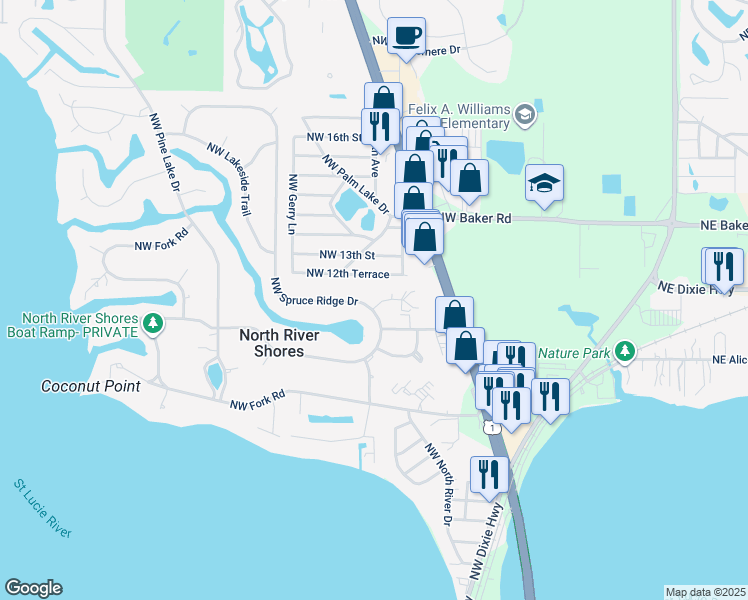 map of restaurants, bars, coffee shops, grocery stores, and more near 910 Northwest 11th Terrace in Stuart