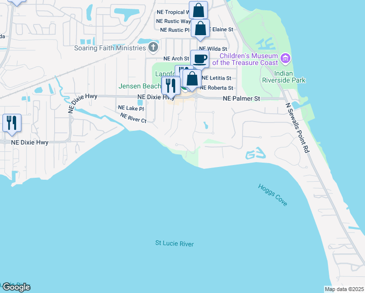 map of restaurants, bars, coffee shops, grocery stores, and more near 1291 Northeast Langford Lane in Jensen Beach