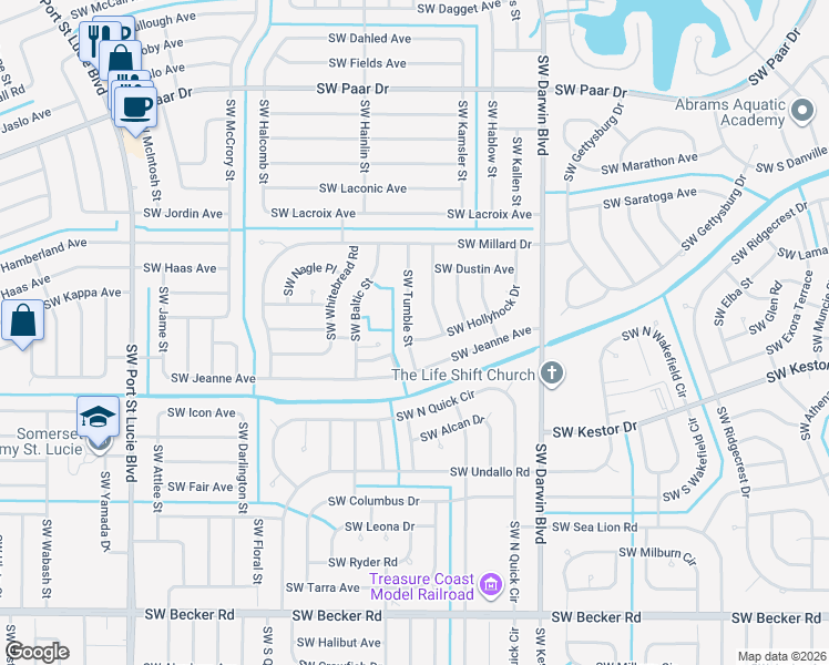 map of restaurants, bars, coffee shops, grocery stores, and more near 398 Southwest Hollyhock Drive in Port St. Lucie