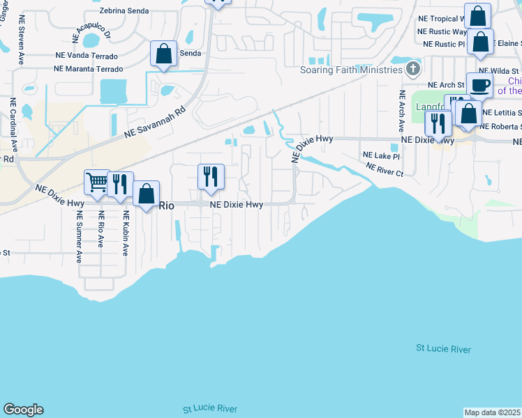 map of restaurants, bars, coffee shops, grocery stores, and more near 1143 Northeast Orange Avenue in Jensen Beach