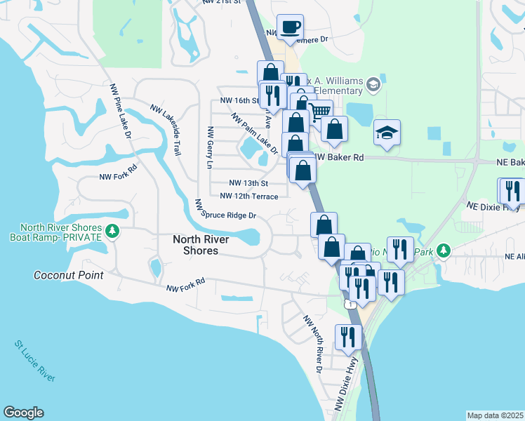 map of restaurants, bars, coffee shops, grocery stores, and more near 1024 Northwest Spruce Ridge Drive in Stuart