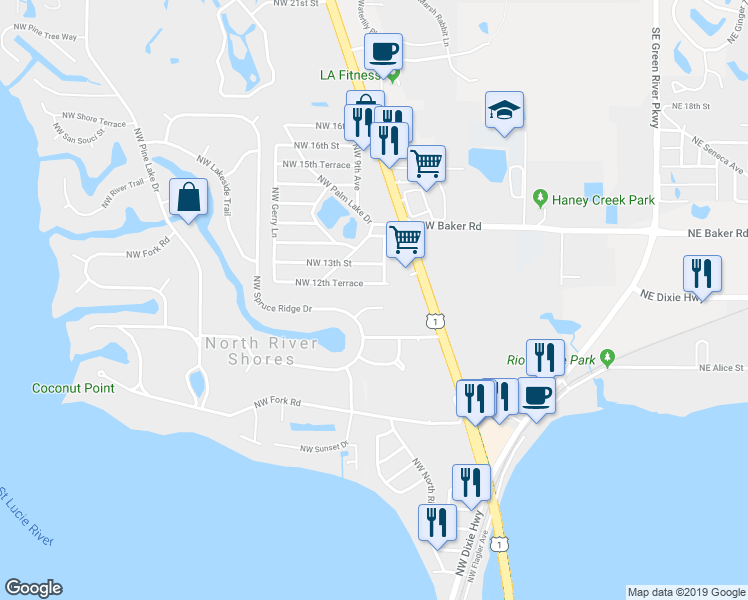map of restaurants, bars, coffee shops, grocery stores, and more near 910 Northwest 11th Terrace in Stuart