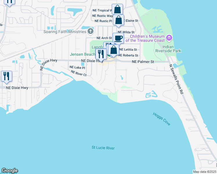 map of restaurants, bars, coffee shops, grocery stores, and more near 1291 Northeast Langford Lane in Jensen Beach