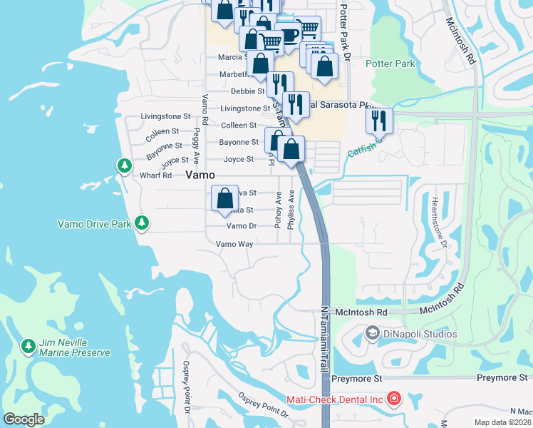 map of restaurants, bars, coffee shops, grocery stores, and more near 1891 Rita Street in Sarasota