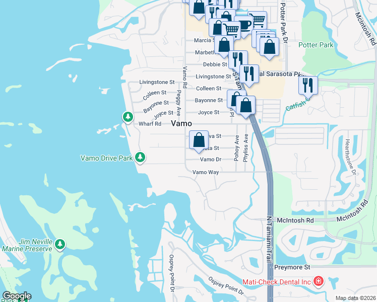 map of restaurants, bars, coffee shops, grocery stores, and more near 1805 Rita Street in Sarasota