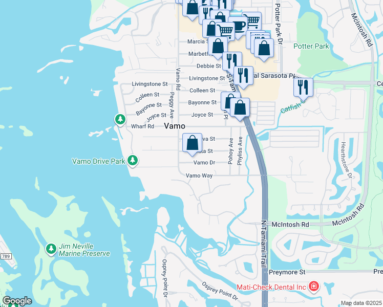 map of restaurants, bars, coffee shops, grocery stores, and more near 1805 Rita Street in Sarasota
