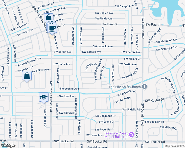 map of restaurants, bars, coffee shops, grocery stores, and more near 581 Southwest Nadell Court in Port St. Lucie