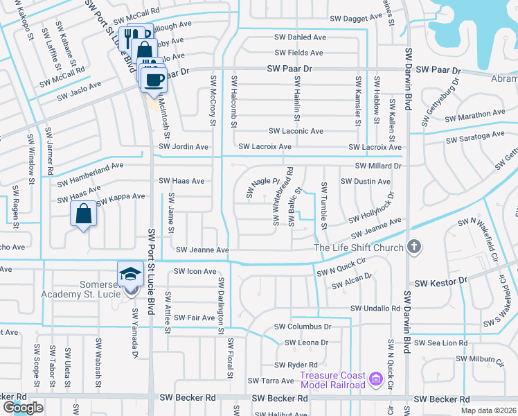 map of restaurants, bars, coffee shops, grocery stores, and more near 581 Southwest Nadell Court in Port St. Lucie