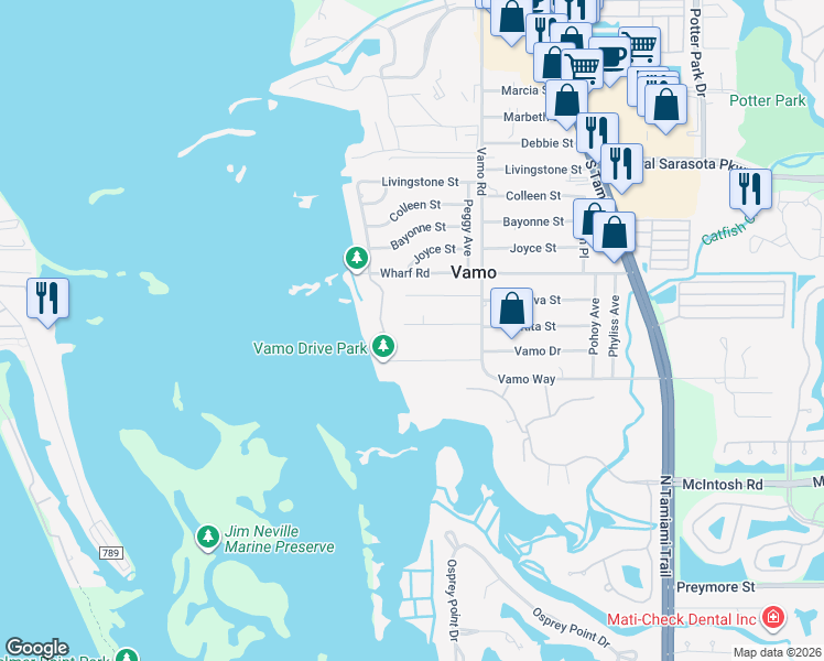 map of restaurants, bars, coffee shops, grocery stores, and more near 1712 Rita Street in Sarasota